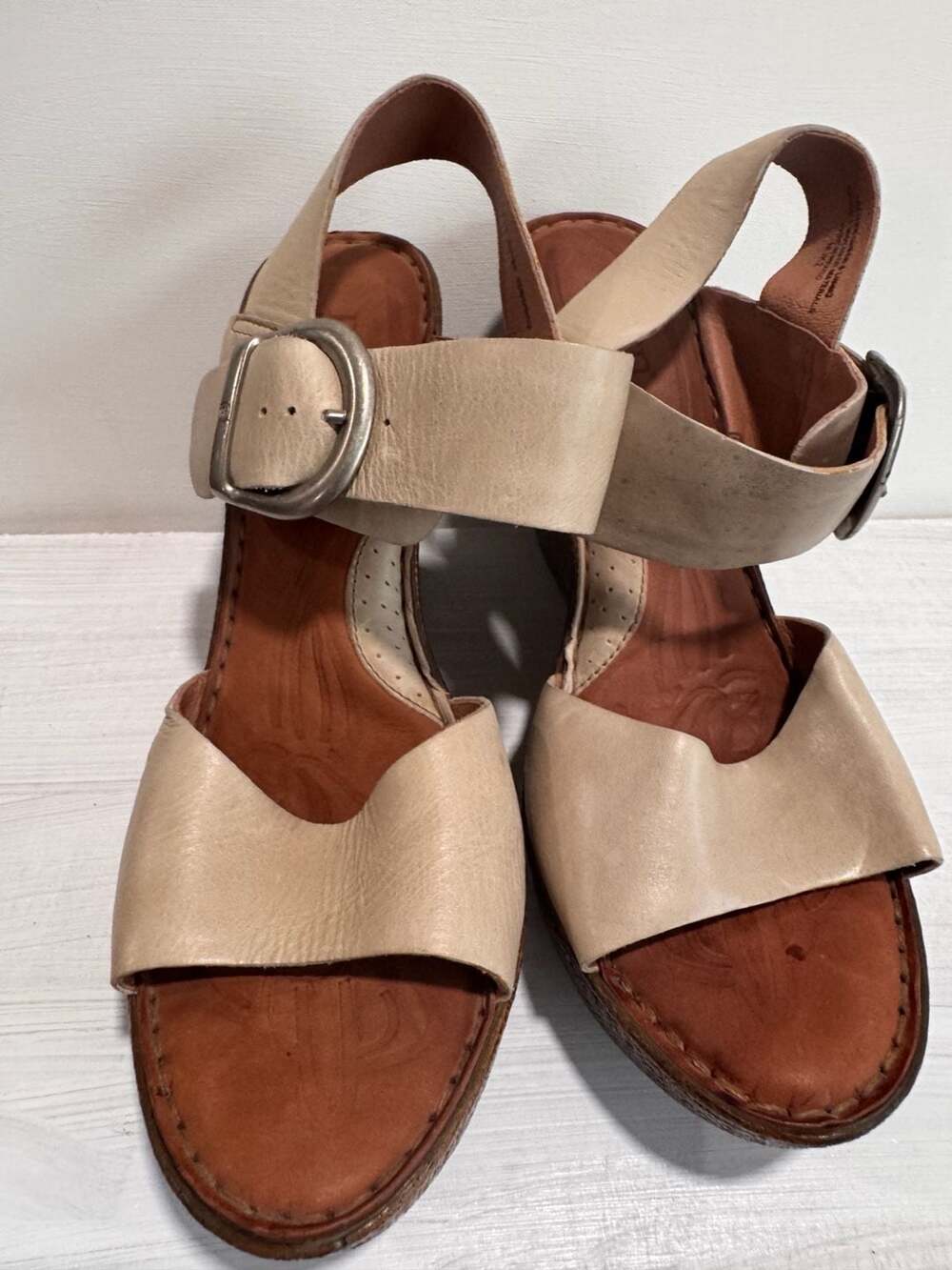 Born Women's Beige Leather Wedge Sandals with Buckle Strap